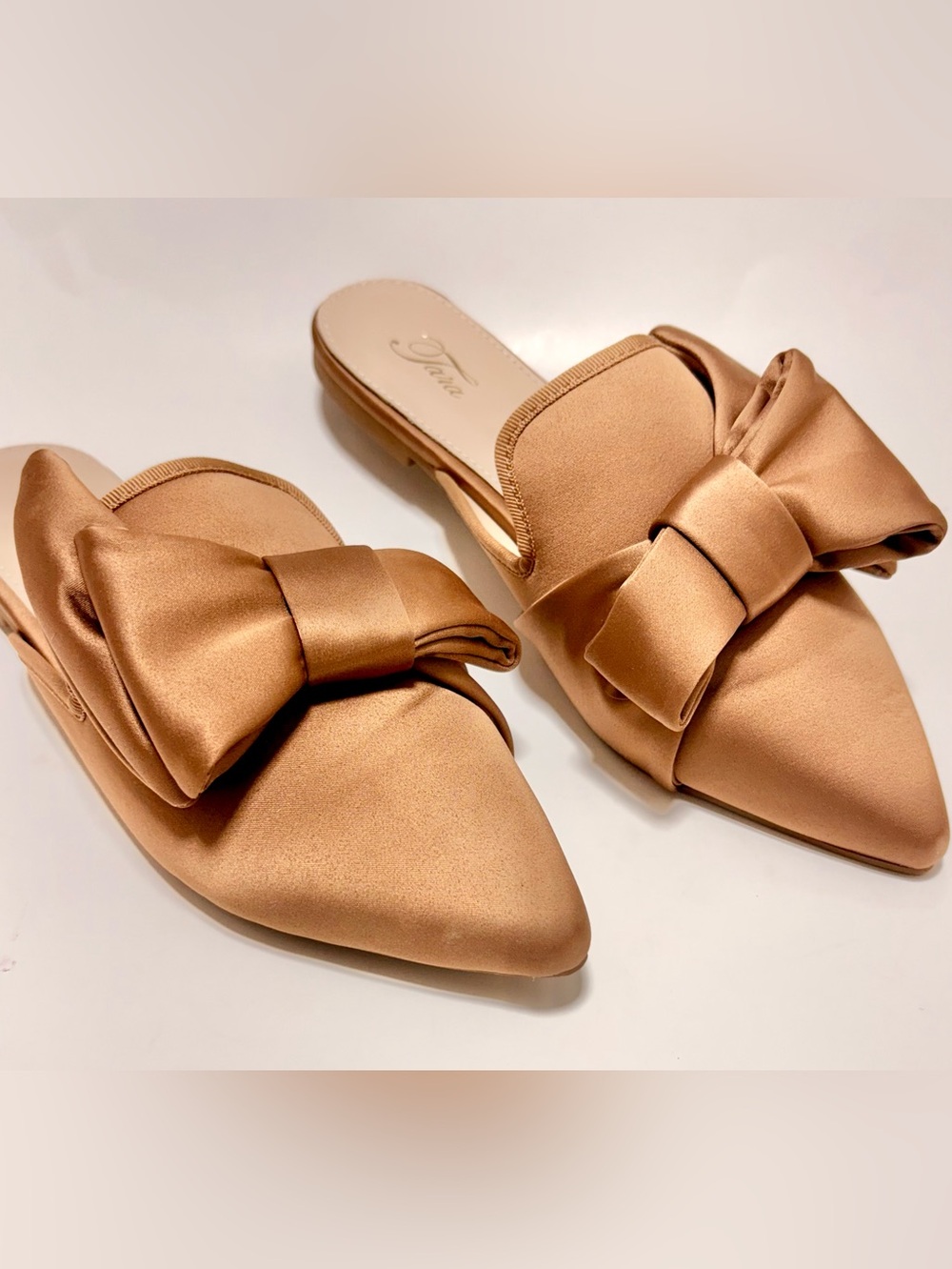 LARA Satin Pointed-Toe Slide Mules with Bow in Nude Tan